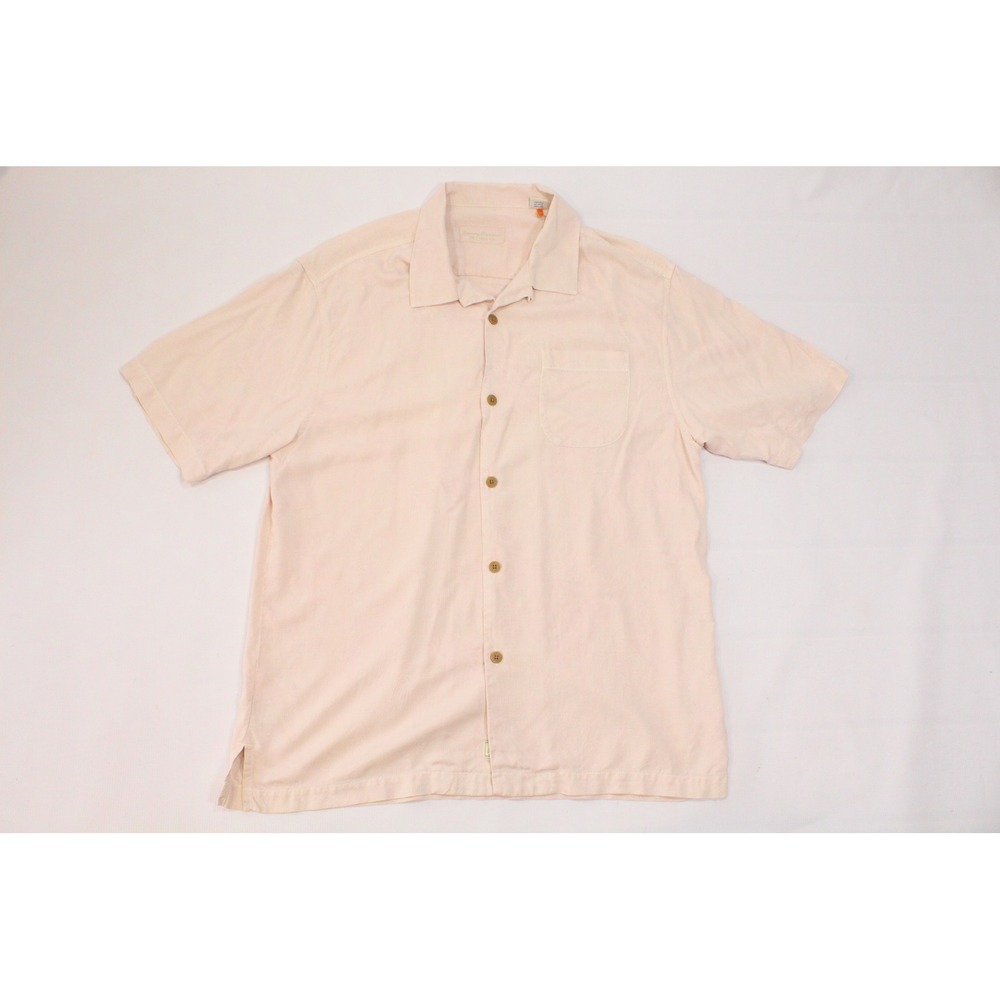 Tommy Bahama Mens Large Silk Short Sleeve Palm Jacquard Button Up Shirt Peach